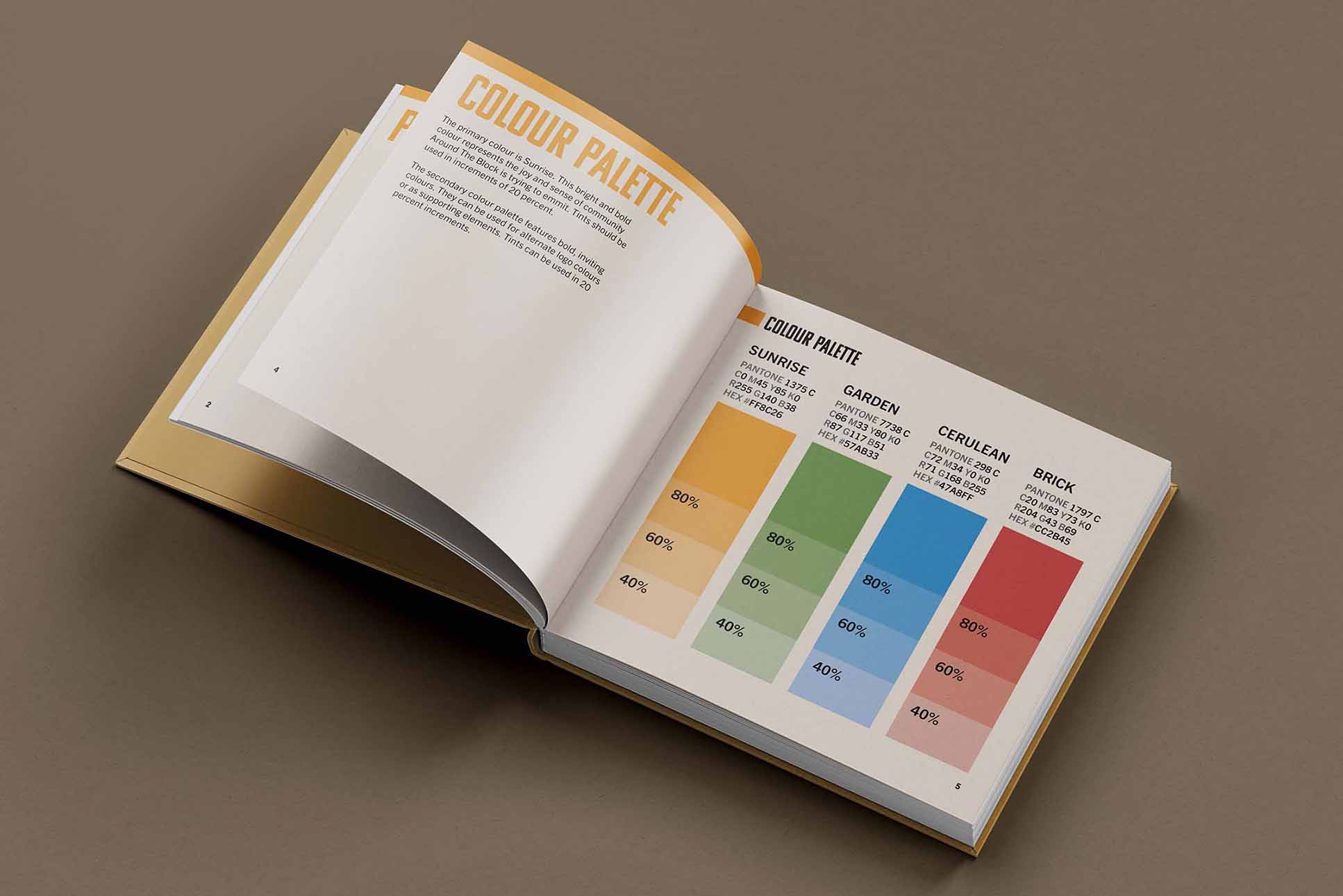 Brand guidelines opened to the colour palette page