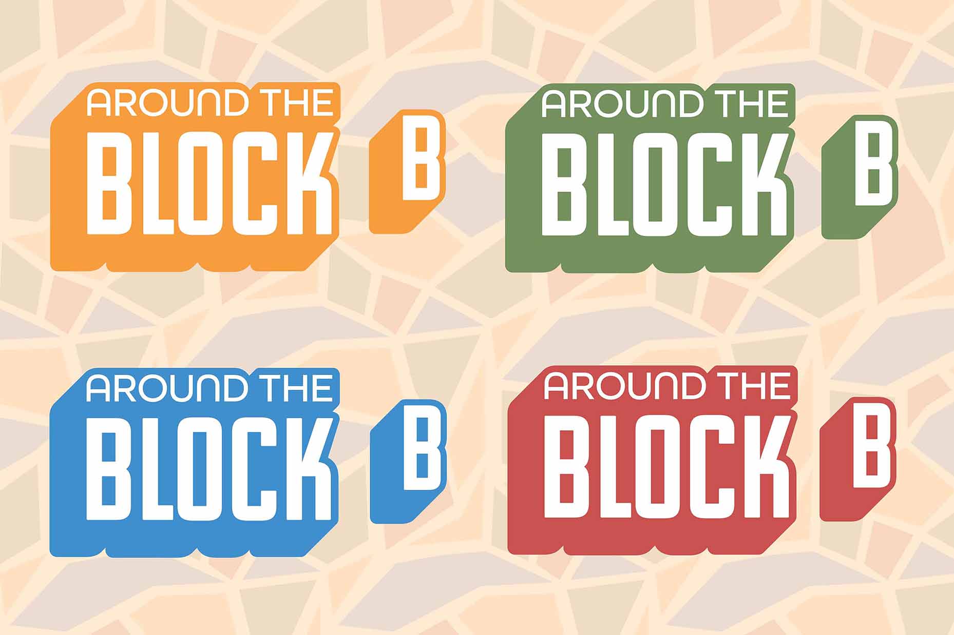 Four Around The Block logos, colored in yellow, green, blue and red