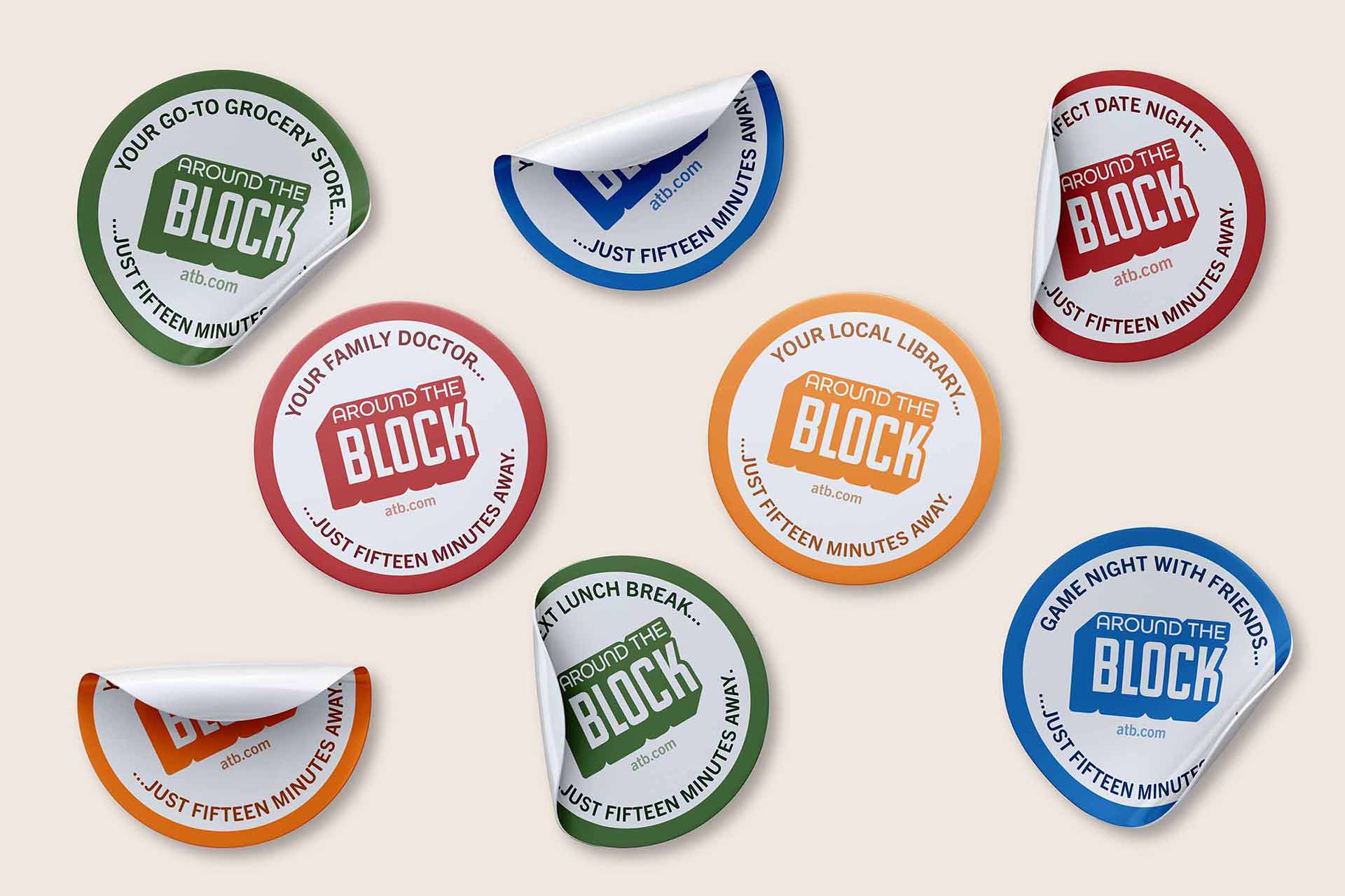Eight Around The Block sickers being placed on a surface