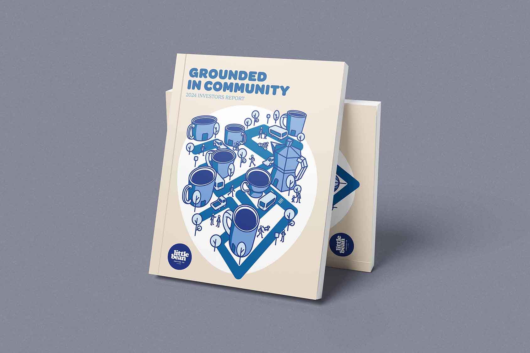 Cover for Little Bean Coffee Co. Featuring an illustration of a community with mug shaped buildindgs