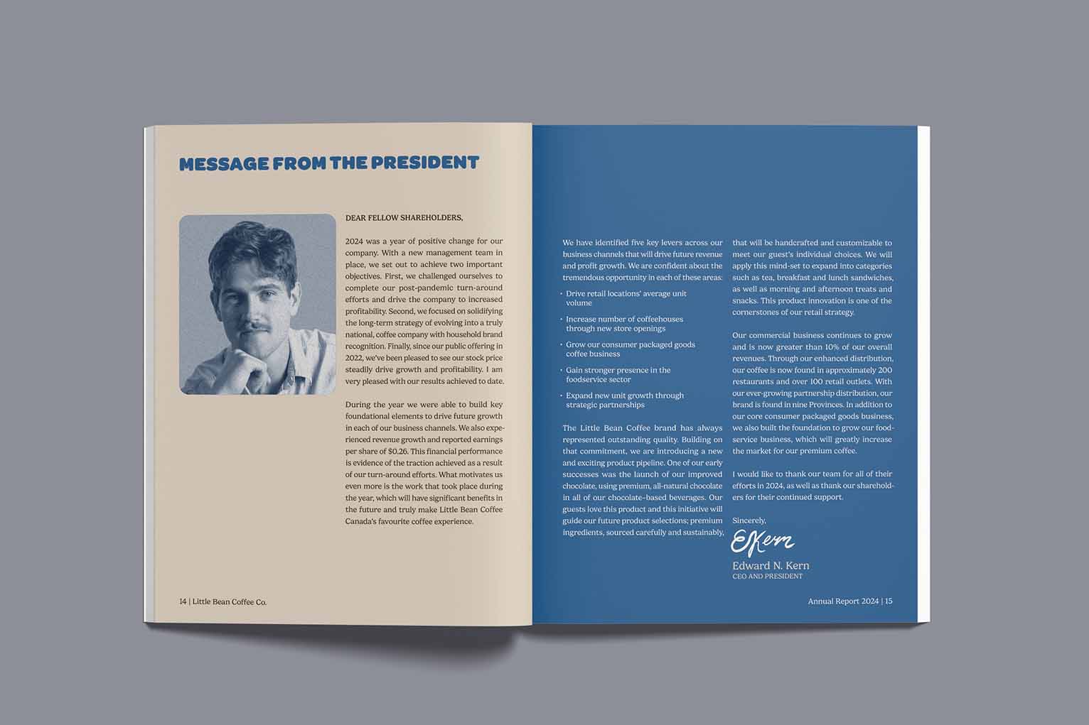 Annual report opened on the Message From The President spread featuring an image of the president