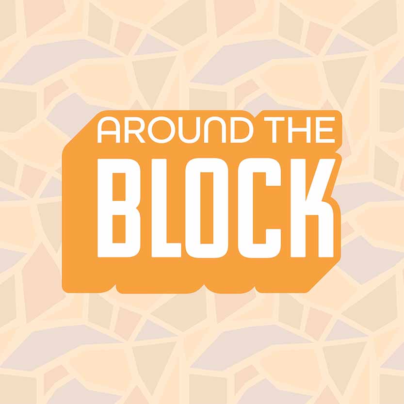 Around The Block logo over a light yellow bakgound and subtle pattern
