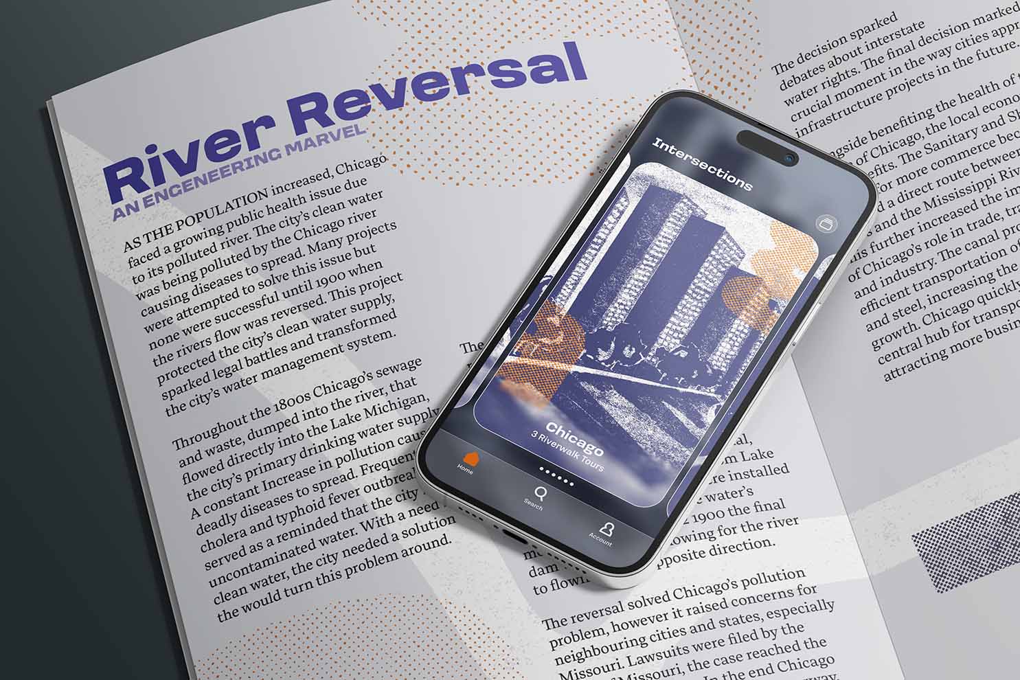 Intersections app opened on a phone resting on the print edition of Intersections