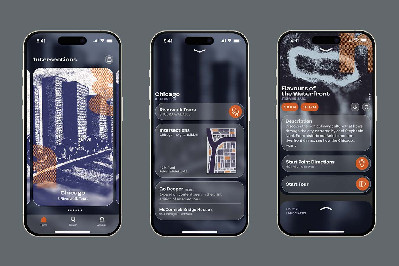 Three phone showing frame from the Intersections app