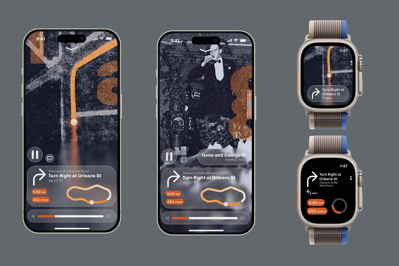 Two phones and two Apple Watches showing the Intersections app in use
