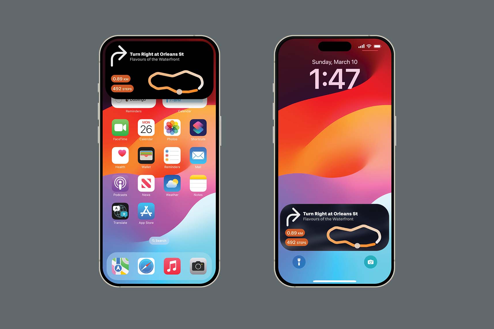 Two iPhones showing off the dynamic island intergration of the Intersections app