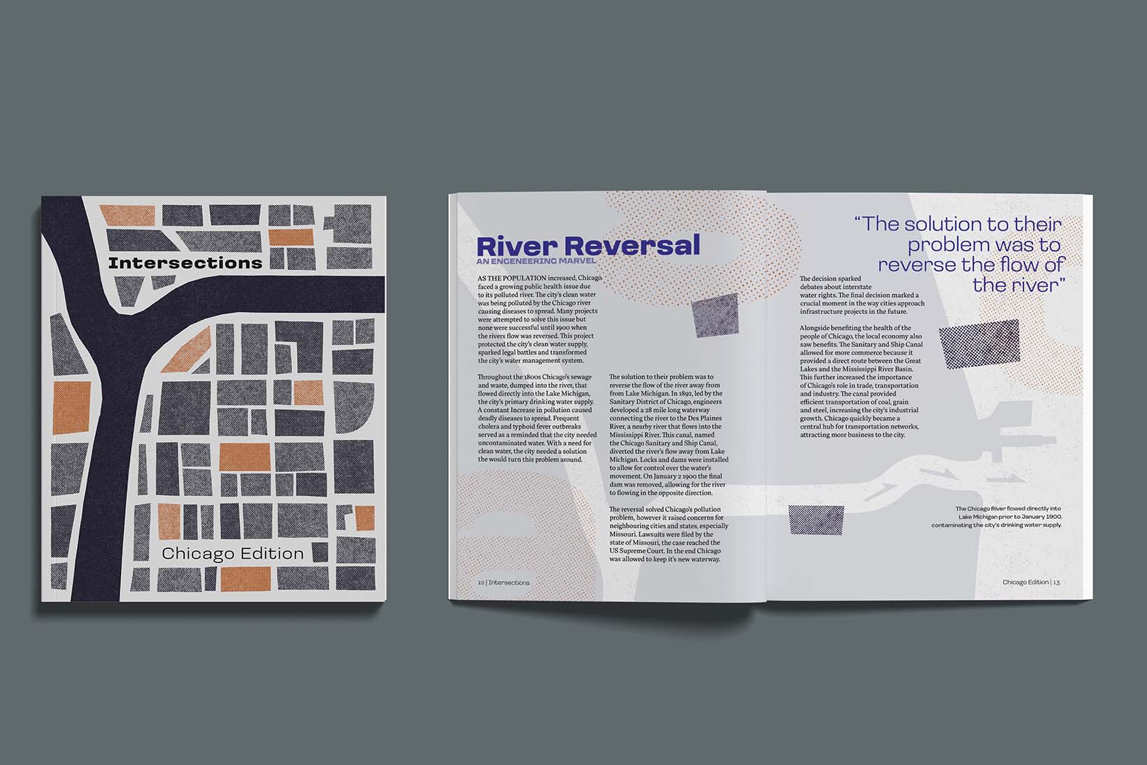 Intersections Chicago Edition Cover and spread with headline reading River Reversal