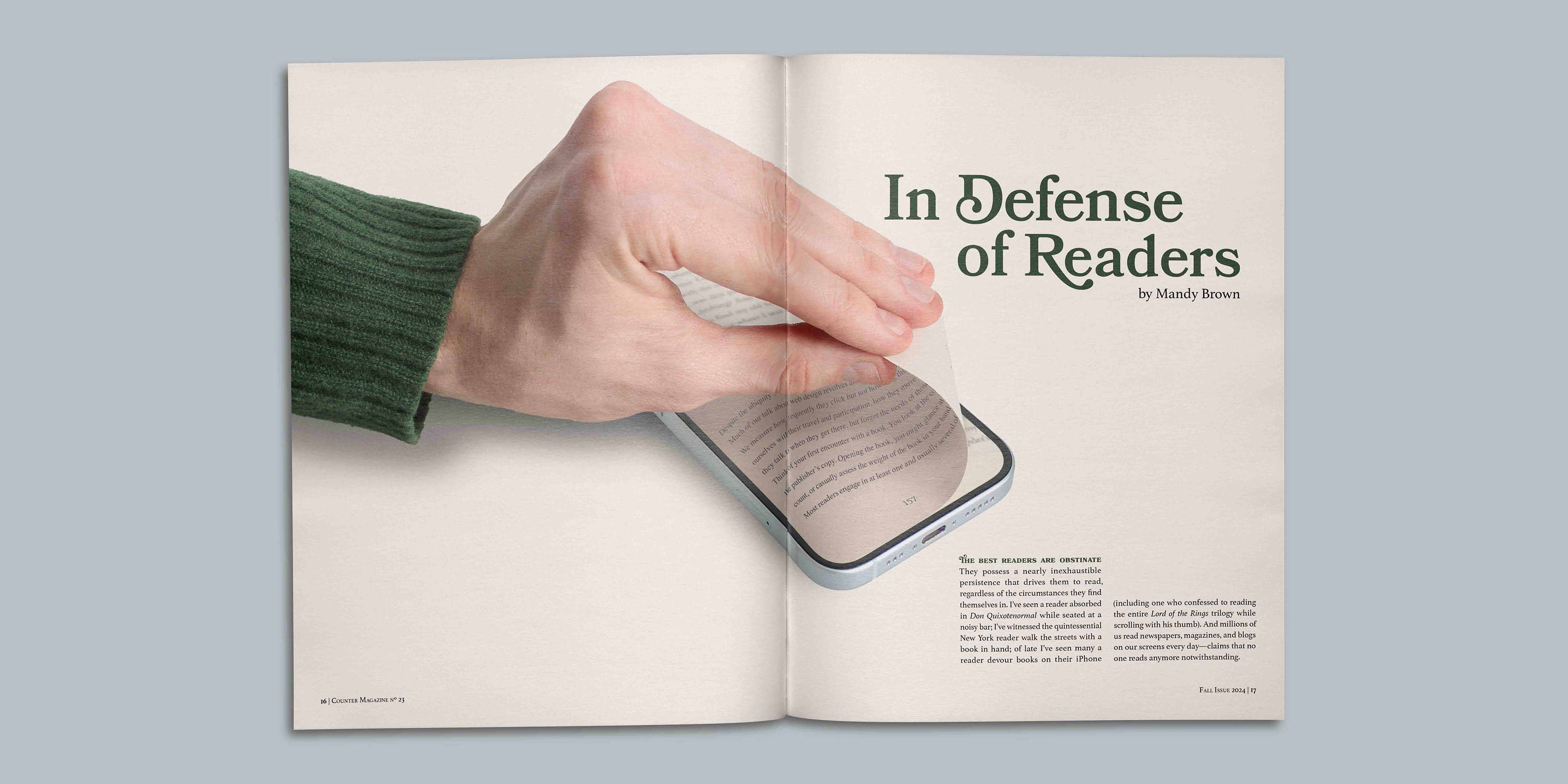 Magazine spread Featuring a hand pulling a page out of a phone