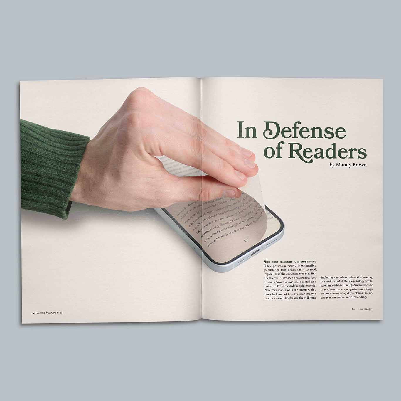 Magazine spread Featuring a hand pulling a page out of a phone