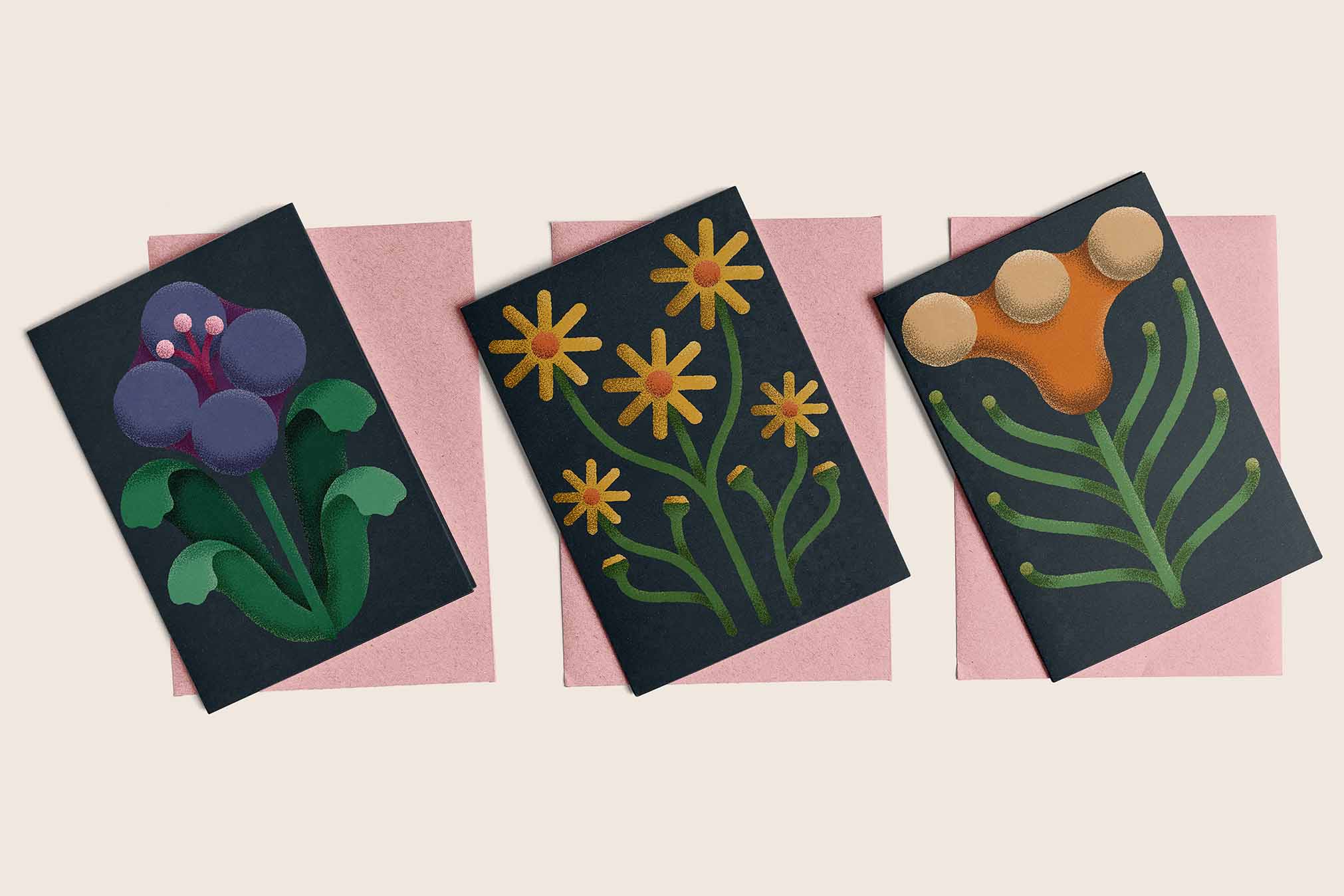 Three illustrated cards featuring stylized flowers