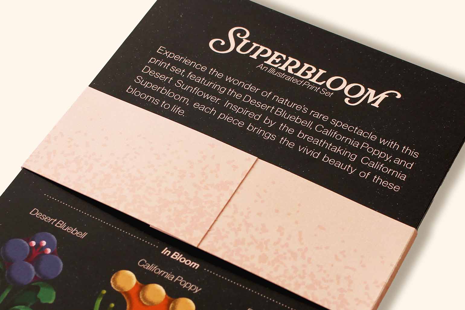 Back of Superbloom packaging featuring a logo and a description