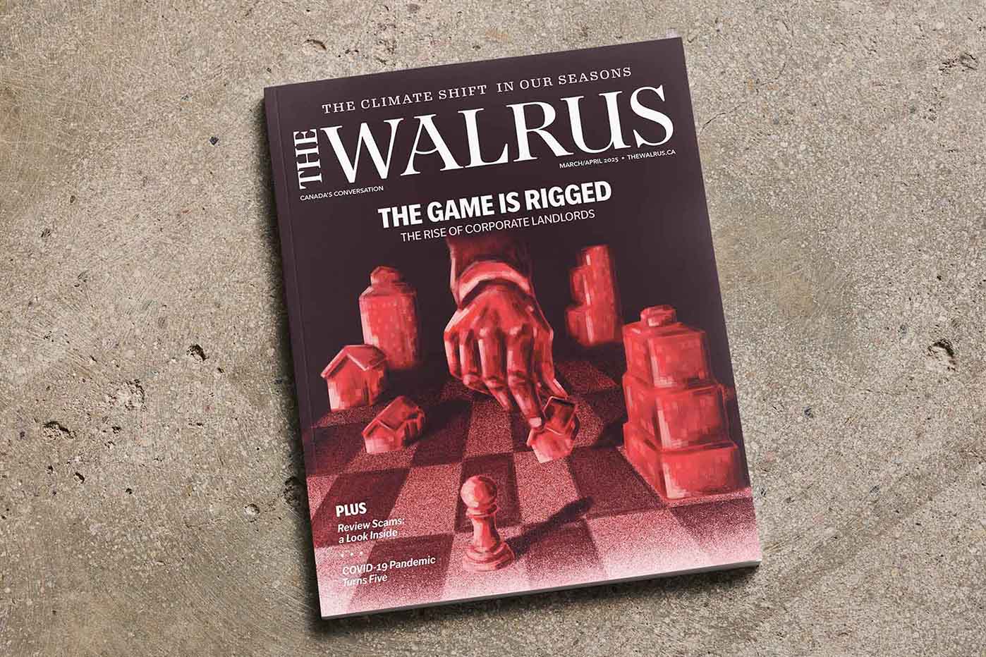 Cover for The Walrus magazine with an illustration of a hand playing chess with houses and buildings